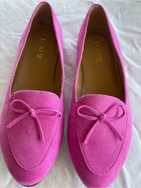 J J.Crew Size 7 Hot Pink Suede Bow Loafers Ballet Flats Barbiecore Prep Slip On